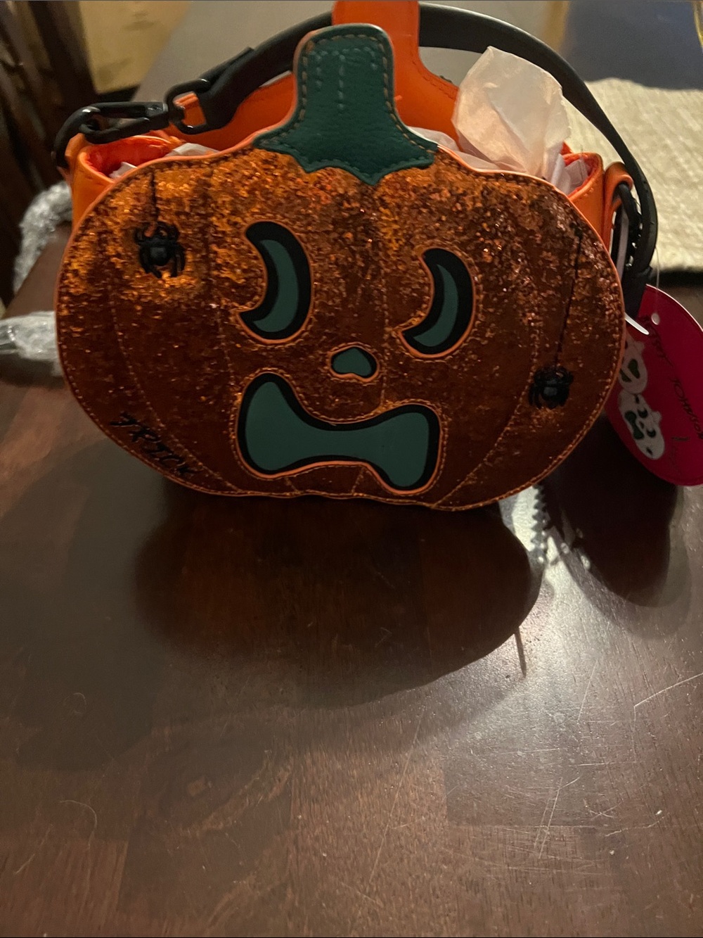 Sparkling Orange Pumpkin Crossbody Bag for Kids with Green Accents